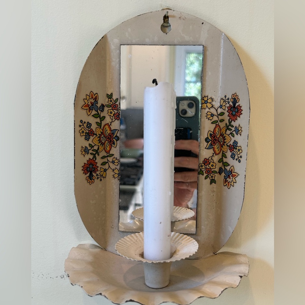 Vintage Candle Holder Lenox Cream Red Oval Mirror Floral Accents Cottagecore